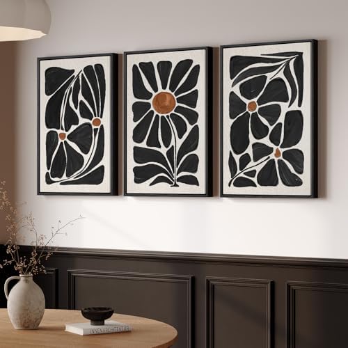 Large Framed Black and White Boho Floral Wall Art, 3 Piece Vintage Botanical Artwork for Walls, Bohemian Flowers Canvas Prints for Living Room Bedroom Hallway Office Home Decor, Total 30x60 Inch by Cuspin