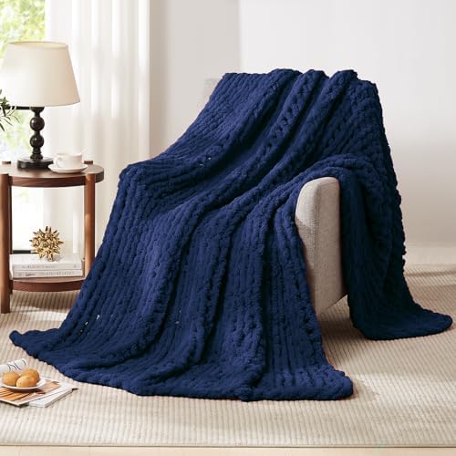 L'AGRATY Chunky Knit Throw Blanket for Couch, 50 x 60 Inches, Dark Blue - Image 7