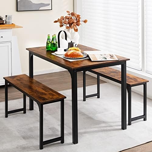 GIANTEX Dining Table Set for 4, Industrial Kitchen Table Set w/ 2 Benches, Space-Saving Dinette Set for Breakfast Nook, Dining Room, Kitchen, Easy Assembly (Mix Brown) - Image 2