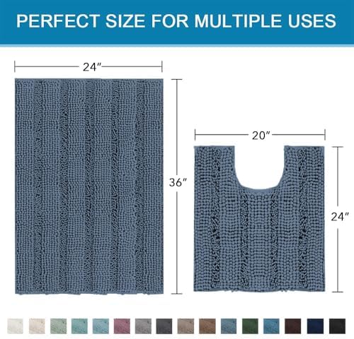 H.VERSAILTEX Bathroom Rug Sets 2 Piece Bath Mats Non Slip Thick Soft Chenille Striped Bath Rug achine Washable Shower Floor Rugs for Tub, Shower and Floor (Blue Indigo, 36"x24" Plus 20"x24" U) - Image 2