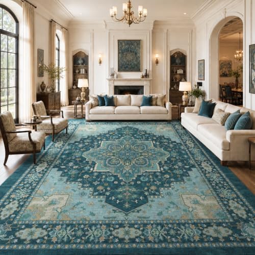 Amada Vintage Washable Area Rug,9'x12',Teal Blue - Image 2