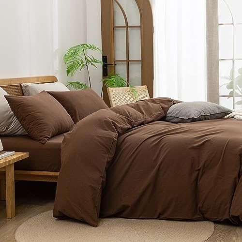 BESTOUCH Cotton Solid Duvet Cover Set Linen Feel Cocoa Brown Full - Image 3