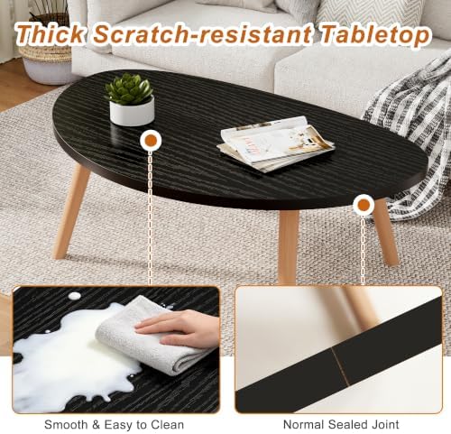 Coffee Table Low Table with Solid Wood Legs, 31.5x19.7 Large Coffee Table Side Table, Floor Table Desk for Sitting on The Floor, Living Room Furniture for Office Apartment Home, Pebble-Black - Image 5