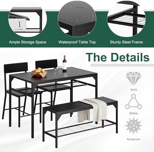 Shintenchi Dining Table Set for 4 with Bench and Chairs, Black - Image 3