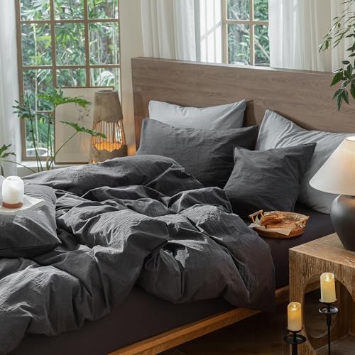 MooMee Wavy Striped Duvet Cover Set 100% Washed Cotton Linen Like Textured Breathable Durable Soft Comfy (Charocal Grey, Queen 90"x90") - Image 4