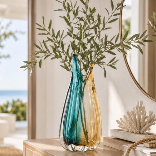 Hand Blown Teal Amber Colorblock Glass Vase, Modern Home Table Centerpiece - Image 5