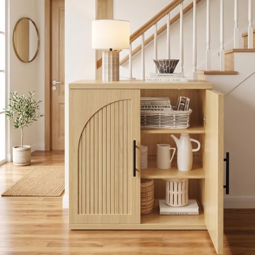 Jocoevol 31.5" Fluted Oak Buffet Cabinet Sideboard with Storage, Small Sideboard Cabinet with 2 Doors, Wood Mid Century Modern Sideboard for Kitchen and Living Room (31.5" W*31.5" H*15.8" D) - Image 4