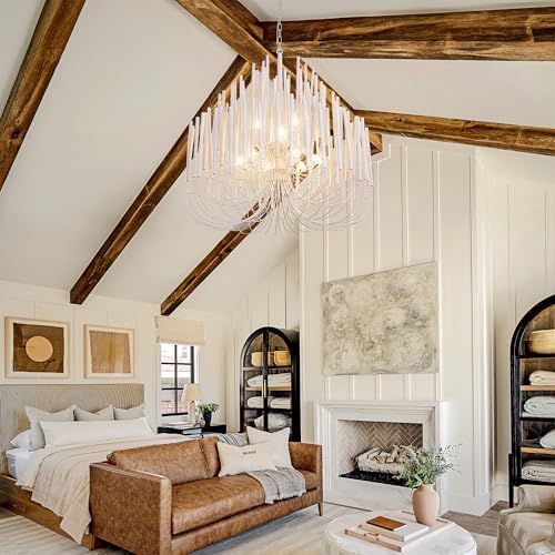 TOCHIC Modern Farmhouse Chandelier for Dining Room 36", Large Vintage White Wood Chandeliers Light for Living Room, Rustic Pendant Lighting Fixture Ceiling Hanging for Foyer Bedroom Entryway - Image 2