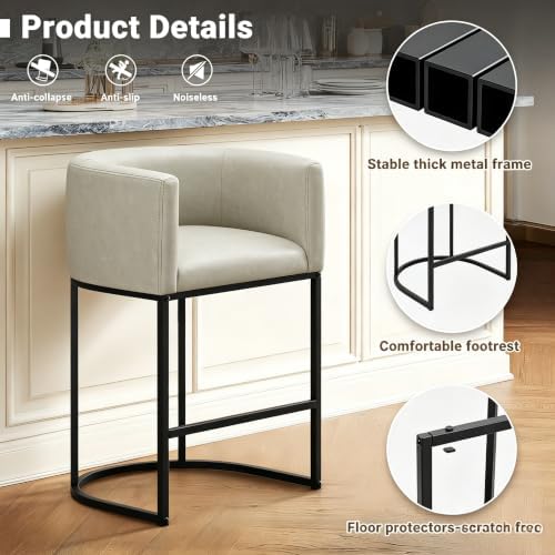 26" H Counter Height Bar Stools Set of 4, Modern Barrel Counter Stools with Backrest and Arms, Faux Leather Upholstered Accent Barstools for Kitchen Island,Support 450 LBS (Grayish White) - Image 6