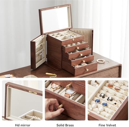 CHOSIN Black Walnut Wooden Jewelry Box for Women with Mirror, 5 Drawers and 2 Side Doors for Watches, Necklaces, Rings, Earrings Storage, Ideal Gift for Her - Image 3