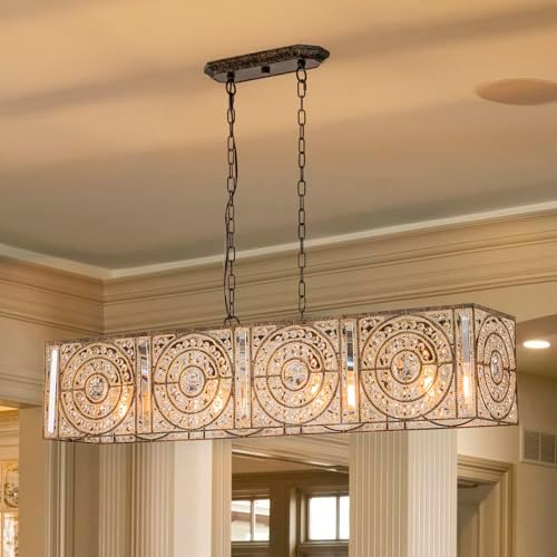 4-Lights Rectangle Crystal Chandelier for Dining Room, 42.12" Vintage Bronze Finish Large Chandeliers for High Ceilings, Flush Mount Pendant Light for Living Room Kitchen Island Bar by Zicbol