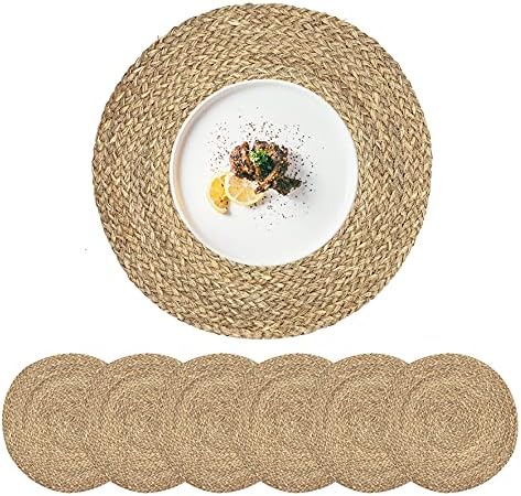 Woven Placemats for Dining Table Set of 6, 100% Natural Straw, Rustic Round Placemats Farmhouse Table Mats Rattan Wicker Placemats Hand Braided Place Mats for Indoor Outdoor, 14.17“ by CYSISTERS