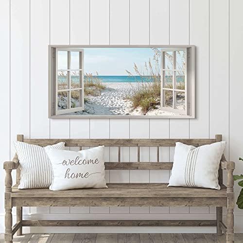 Window Beach Wall Art Prints: Modern Large Tropical Coastal Landscape Canvas Bedroom Blue Ocean Picture Relaxing Living Room Sea Scene Painting Horizontal Summer Seascape Artwork Decor - Image 3