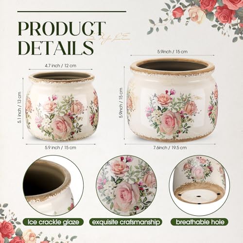 2 Pcs Vintage Planter Ceramic Plants Pot with Drainage Ice Crack Scroll Flower Vase Pot for Indoor Outdoor Plants Home Kitchen Decor Gifts(Country Rose,7.7" & 5.9") - Image 2