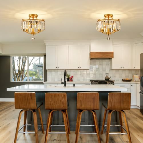 Crystal Gold Chandeliers Modern Farmhouse Small Chandelier 12.2 Inch 3-Light Round Crystal Mini Semi Flush Mount Ceiling Light Fixture for Dining Room Entryway Hallway Kitchen Bedroom Foyer - Image 6
