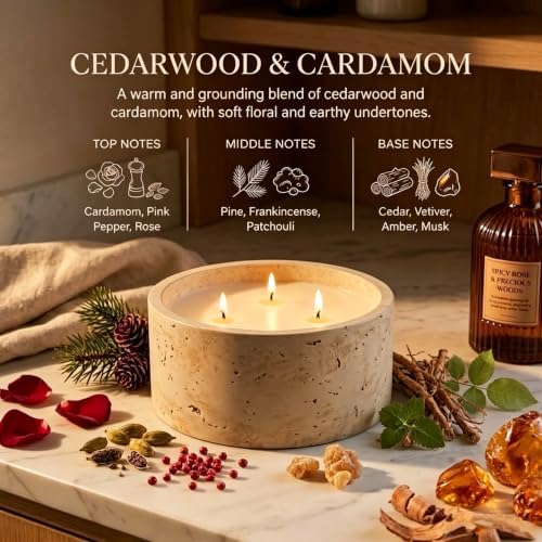 3-Wick Scented Candle-Cedarwood & Cardamom,Soy Coconut Wax Blend Candle with Acacia Wood Lid,21oz Large Candle,45-Hour Long Burning,Aromatherapy Candle for Home Decor - Image 3