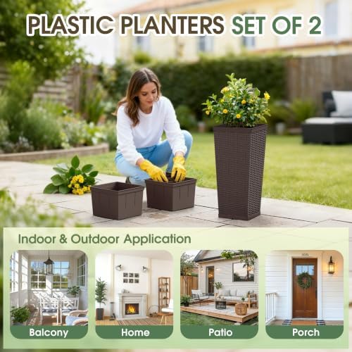 24 Inch Tall Plastic Planters (Set of 2) with Drainage Holes, Brown - Image 4