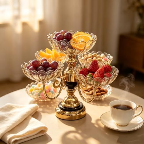 Rotatable 5 Plate Amber Electroplated Glass Fruit Serving Stand 1 Large Fixed Bowl 4 Rotatable Small Bowls Gold Metal Snack Tray Decorative Candy Nut Dessert Display for Dining Table Home Party Decor - Image 3