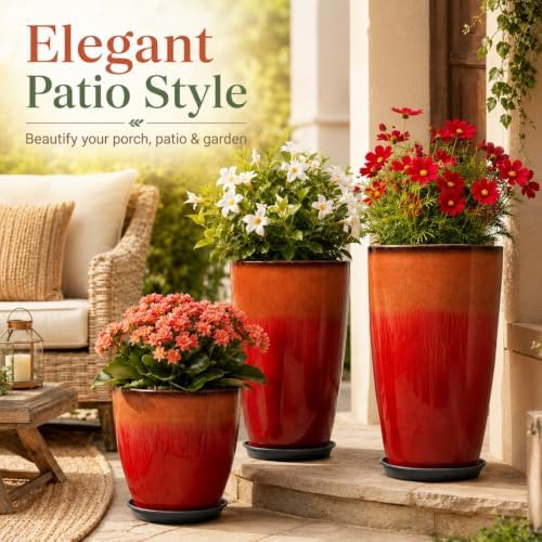 Neoaider Set of 3 Tall Planter, 24/21/12in Large Plastic Planter, Firey Red - Image 5