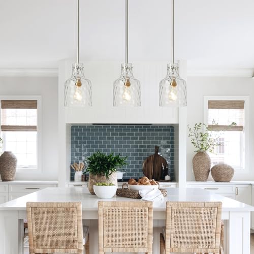 WILON Modern Glass Pendant Lighting for Kitchen Island, Farmhouse Pendant Lights for Dining Room Kitchen Sink, Adjustable Hanging Ceiling Light 7" Hammered Glass Shade, Brushed Nickel Metal Finish - Image 3