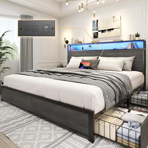 Lifezone King Bed Frame with 2-Tier Storage Headboard, Metal Platform Bed Frame with 4 Storage Drawers, Built in Charging Station & LED, Noise-Free/Metal Support/No Box Spring Needed, Rustic Grey by Lifezone