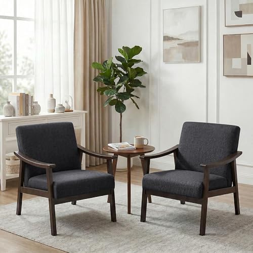 Accent Chair, Mid Century Modern Armchair, Solid Wood Arm Chair, Upholstered Comfy Reading Chair for Living Room, Bedroom, Waiting Room, Dark Gery - Image 6