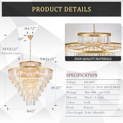 CATINER 43.3" Large Crystal Chandelier,28-Light Modern Gold Light Fixture - Image 2