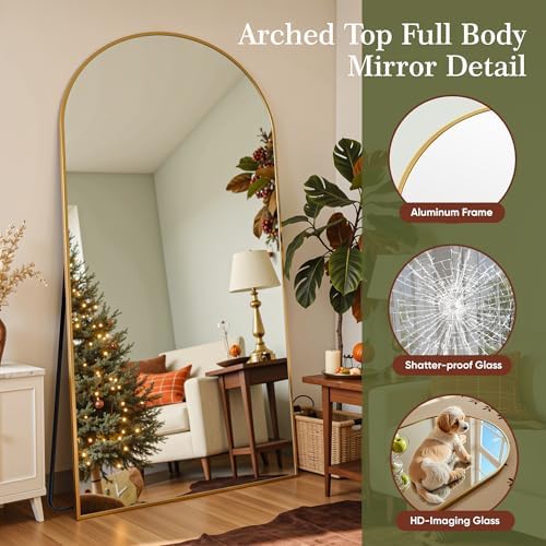 Oversized Floor Mirror, 82"x44" Arched Full Length Mirror, Gold - Image 5