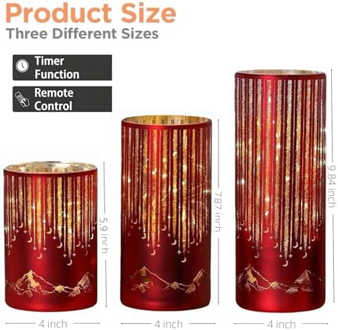 Starry Night Elegant Hurricane Candleholders with LED Flickering Lights & Remote Timer, Decorative Glass Hurricanes for Indoor Table Centerpieces & Year-Round Home Decor, Set of 3 (Red) - Image 3