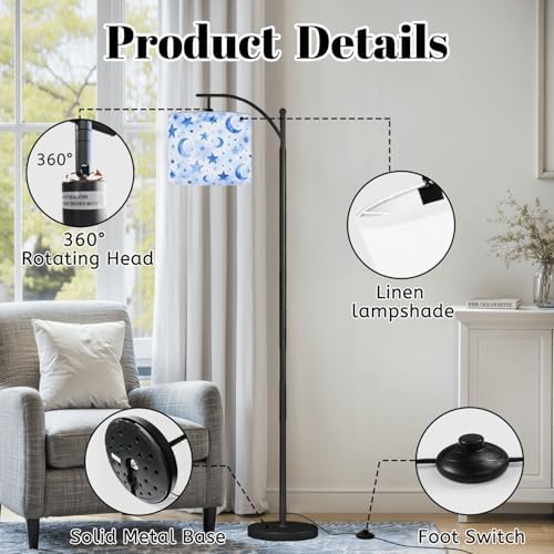 Arc Floor Lamp Blue Starry Sky Crescent Moons Dots Watercolor Style Dimmable Modern Standing Lamp with Remote Adjustable Drum Shade Footswitch Tall Pole Lamp for Living Room Bedroom - Image 6