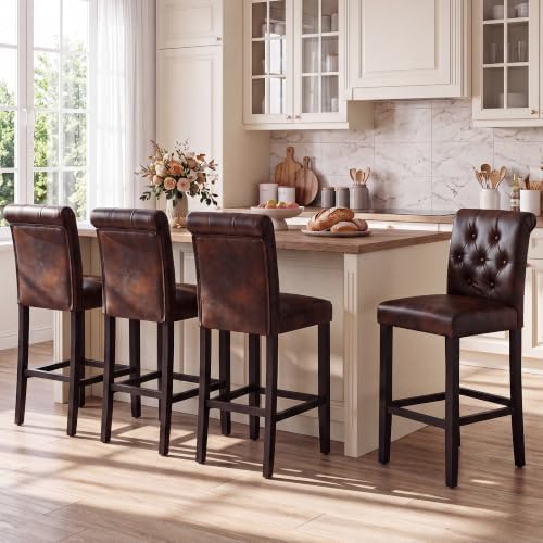 LSSBOUGHT 24 Inches Leather Counter Height Stools Set of 4 with Solid Wood Legs Bar Chairs for Kitchen lsland & Dining Room(Brown,4PCS) by LSSBOUGHT