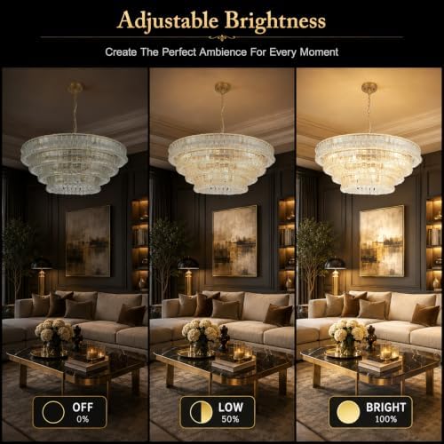36-Inch 4-Tier Clear Glass Chandelier, 12-Light Round Brass Chandelier - Image 6