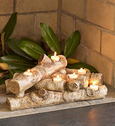Plow & Hearth Faux Birch Wood Resin Logs Candle Holder for Fireplace | Romantic Ambiance Without Heat or Mess | Holds 8 Tea Lights| Realistic Sculpted Logs | 18" L x 10.5" W x 8" H (Birch) - Image 2