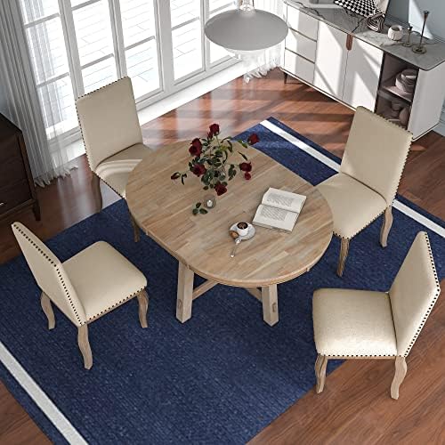 Harper & Bright Designs Round Kitchen Dining Table Set for 4, 5 Piece Farmhouse Wood Round Extendable Dining Table and 4 Upholstered Dining Chairs, Natural Wood Wash - Image 4
