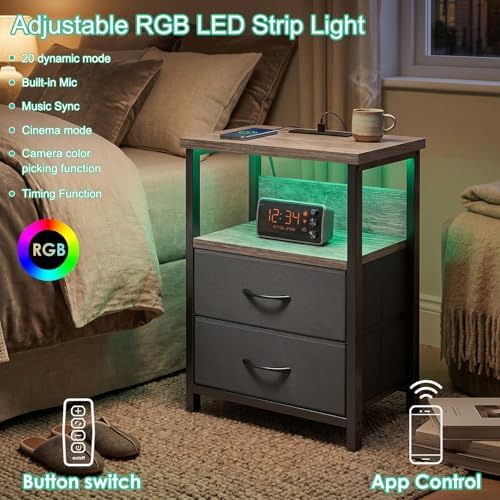 Fixwal Night Stand with Charging Station, Led Nightstand, 2 Fabric Drawers - Image 4