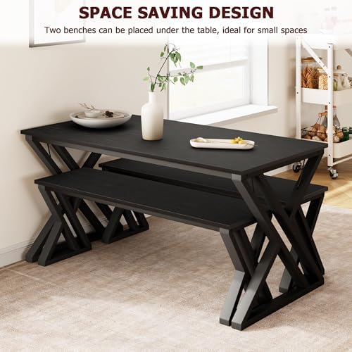 CABIHOME Space-Saving Rectangular Dining Table Set for 4 – Includes Table and 2 Benches – Durable x-Shaped Metal Frame – Perfect for Kitchen, Dining Room, Apartment, or Studio, Black - Image 3