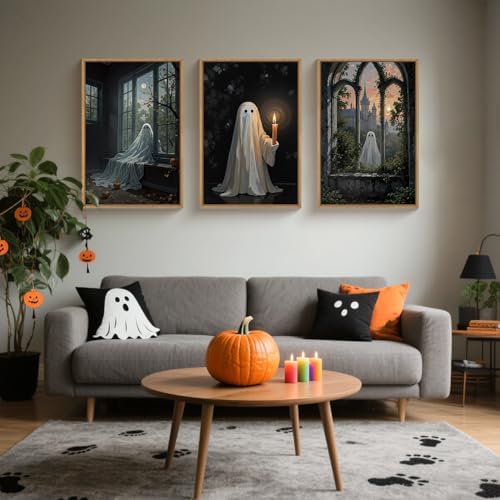 LHIUEM Large Halloween Cute Ghost Framed Canvas Wall Art Set,Vintage Spooky Wall Decor,Retro Dark Prints,Midnight Candle Poster Artwork for Living Room,Bathroom,Dining Room -16"x24"x3 - Image 2