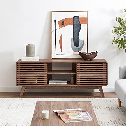 mopio Ensley 59" Tall TV Stand with Slatted Door, Mid Century Modern Entertainment Center for 55-65 inch TV, Farmhouse Media Console with Storage, Adjustable Shelves, Round Edges, Living Room (Walnut) - Image 4