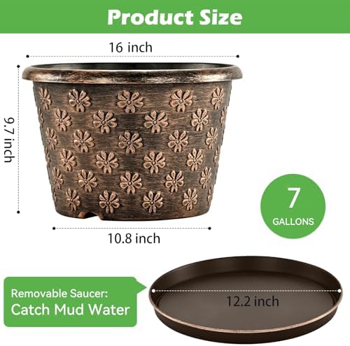 16 Inch Planter Pots for Plants, Plastic Large Flower Pots Indoor Outdoor, 4 Pack Resin Plant Pot with Drainage & Saucer, Retro Decorative Garden Pot with Removable Trays for House - Image 4