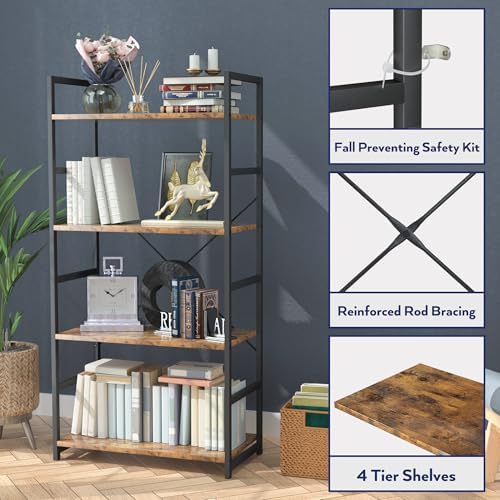 NUMENN 4 Tier Bookshelf, Tall Freestanding Open Storage Bookcase, Vintage - Image 5