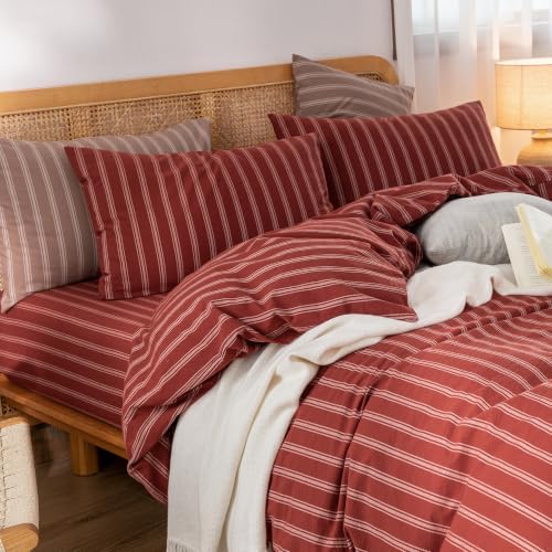BESTOUCH Striped Cotton Duvet Cover Set Linen Feel Oversized Full - Image 2