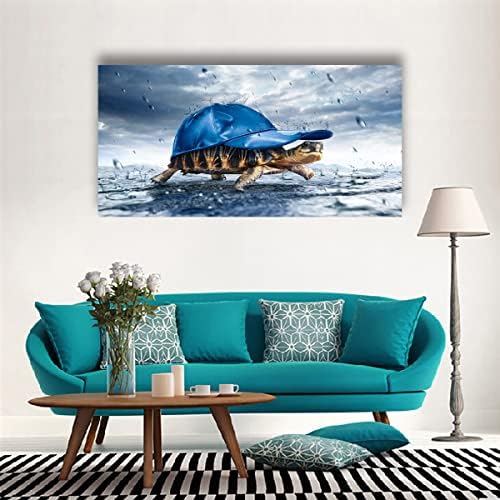 Haichuang Decor Art Funny Turtle Canvas Wall Art 40x20 Inches Framed Turtle with Blue Cap Wall Decor Wood Frame Waterproof HD Giclee Print Ready to Hang Humor Animal Artwork for Living Room Bedroom Bathroom - Image 2