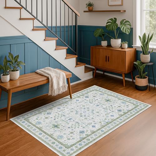 Blue and Green 4x6 Rugs for Small Living Room - Oushak Boho Pastel, Low Pile Non Slip Stain Resistant Throw Rug for Under Bed, Large Entryway, Kitchen, Floor Carpet Aesthetic Boys - Image 3