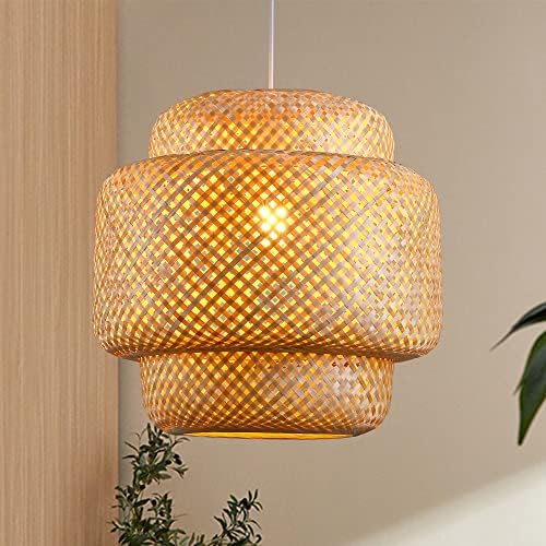 Bamboo Pendant Light - Boho Basket Chandelier Handmade Woven Pendant Light, Natural Wicker Rattan Hanging Chandelier for Kitchen Island Dining Room Living Room Porch by Karjearl