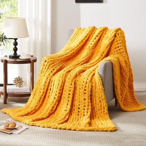 L'AGRATY Chunky Knit Throw Blanket for Couch, 80 x 90 Inches Mustard Yellow by LAGRATY