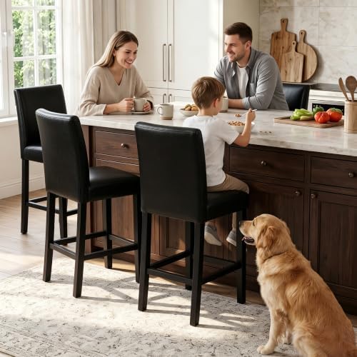 GOTMINSI Set of 4 Classic 24 Inches Counter Height Stools Upholstered Bar Stools with Solid Wood Legs and Black Leather Counter Stool (PU Black) - Image 6