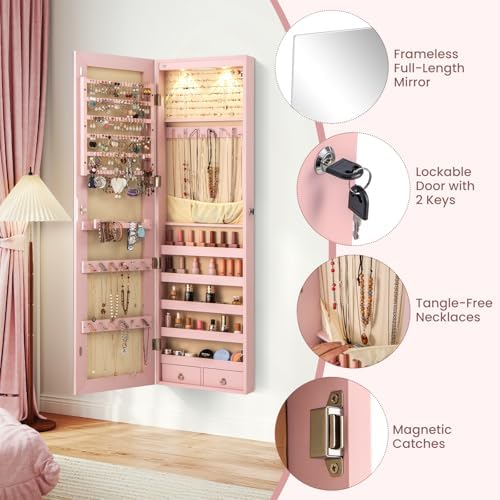 NAFORT 2 LEDs Jewelry Armoire with Full Length Mirror, Lockable Hanging Jewelry Organizer Cabinet with Categorical Storage, Wall or Door Mounted Jewelry Box with 2 Drawers for Cosmetic, Light Pink - Image 4
