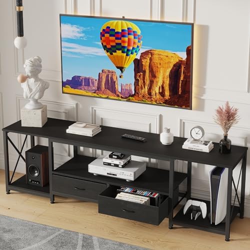 GYIIYUO TV Stand with Fabric Drawers for 65 70 75 Inches TV - Entertainment Center and Industrial TV Console Table with Open Storage Shelves for Living Room, Bedroom - 63.5" Black by GYIIYUO