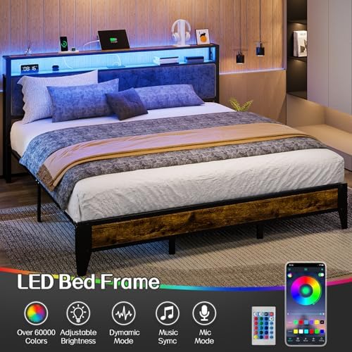 OLEVS King Bed Frame with Headboard, Metal Platform Bed King Size with 2-Tier Storage, LED Light & Charging Station Type C, No Box Spring Needed, Easy Assembly - Image 3