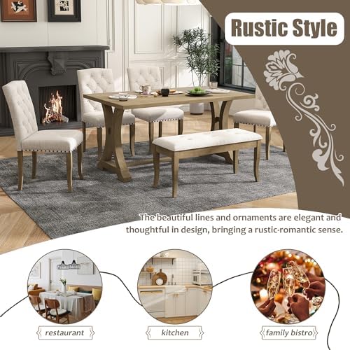 Harper & Bright Designs Classic and Traditional Style 6 - Piece Dining Set, Includes Dining Table, 4 Upholstered Chairs & Bench (White+Gray) (White+Gray) (Natural Wood Wash1) - Image 3